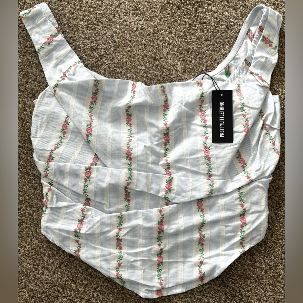 PrettyLittleThing Pastel Blue Stripe Ditsy Print Ruched Corset Top NEW - Picture 5 of 6